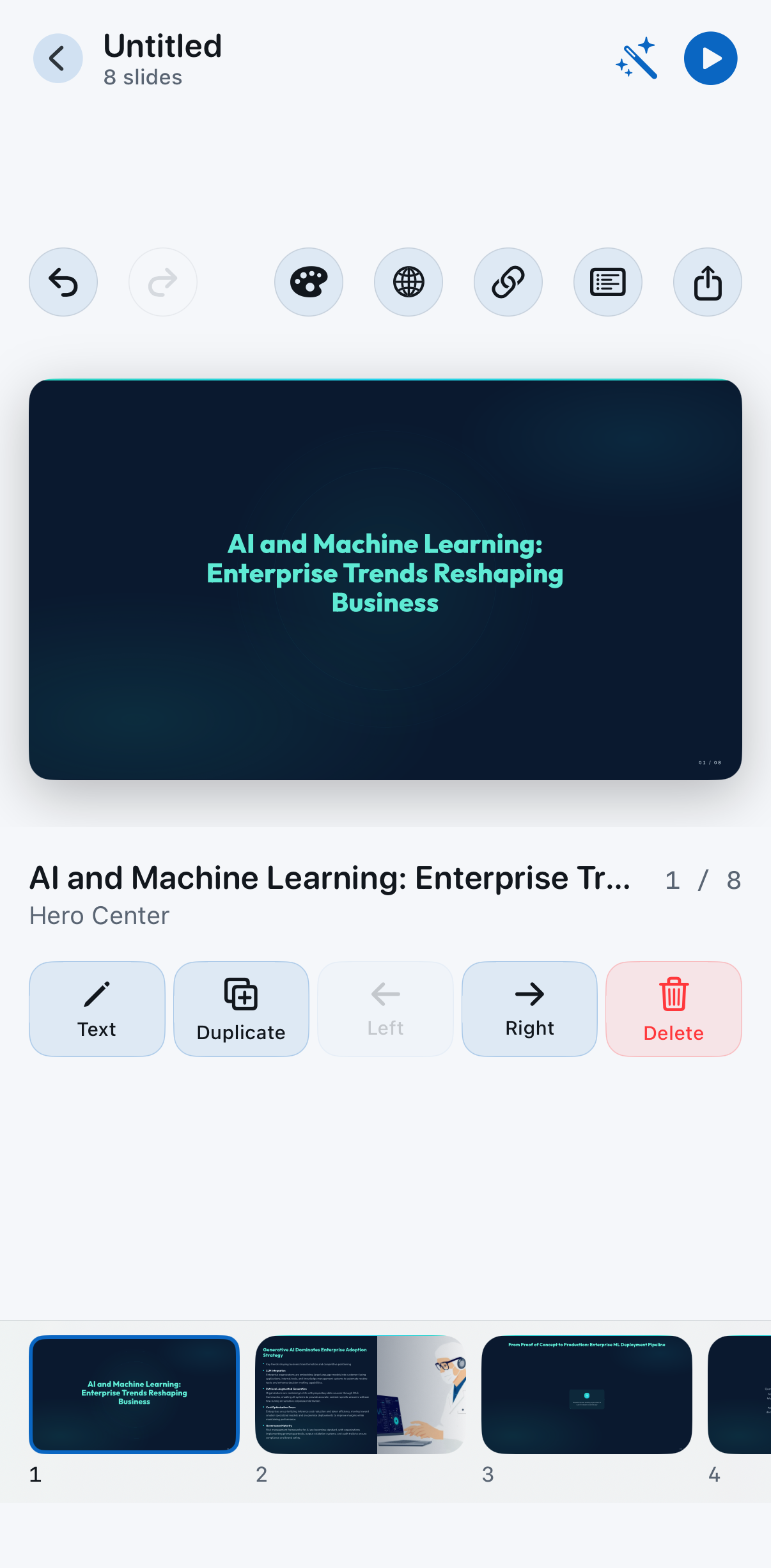 Slidesy editor with an AI-generated deck open